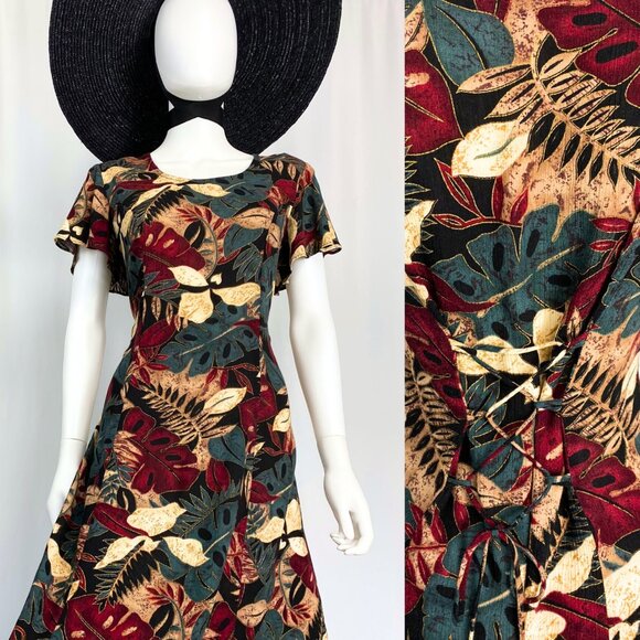 Vintage Dresses & Skirts - Chablis 90s moody jungle autumn floral maxi dress with corset back medium
